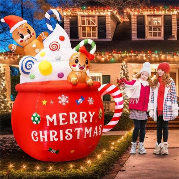 6FT Christmas Inflatables Decor, Gingerbread Man in Hot Cocoa Mug Built-in LED